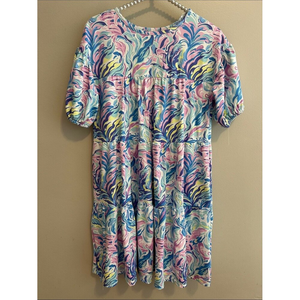 NEW Simply Southern Dress YL Youth Large Pink Blue Swirl Tiered UPF 50+ Sun Bloc